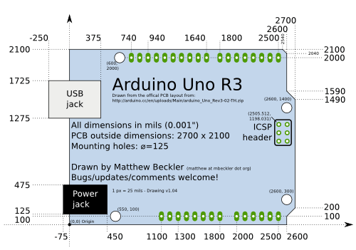 Arduino Uno R3 - Foot print including Pins and holes arduino_uno_drawing